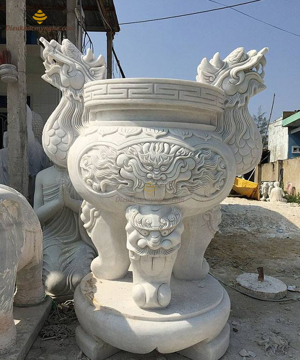 Lư Hương Đá Chạm Rồng Đá Trắng Tự Nhiên – Mẫu Lư Hương Cao Cấp Cho Chùa, Đền, Nhà Thờ Họ